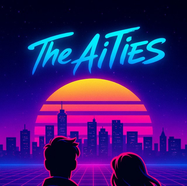 The AiTies artwork: a neon synthwave sunset over a city skyline